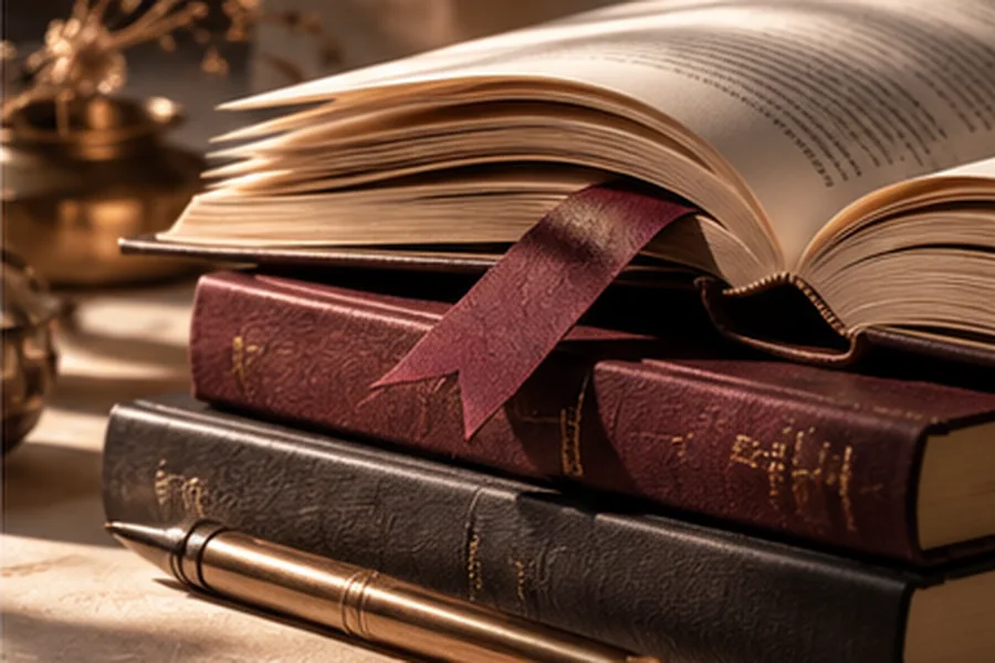 Open books with a burgundy bookmark and brass pencil