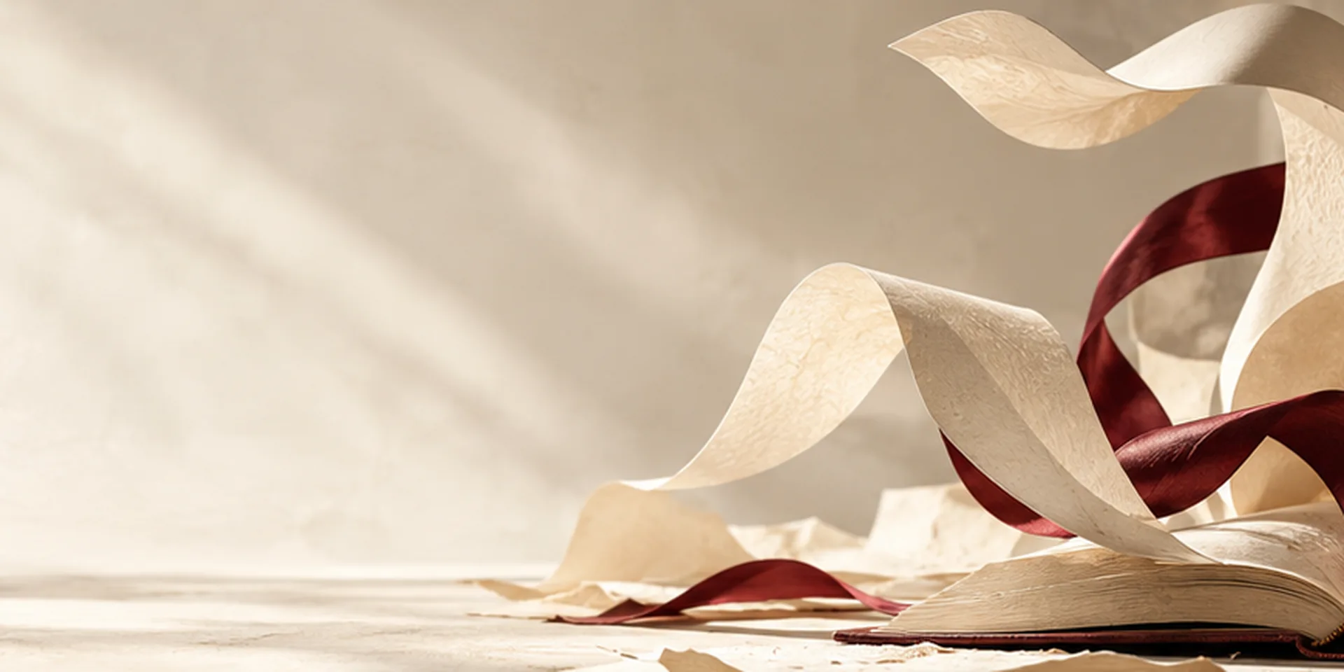 Ivory paper sculpture, an open book and burgundy ribbon