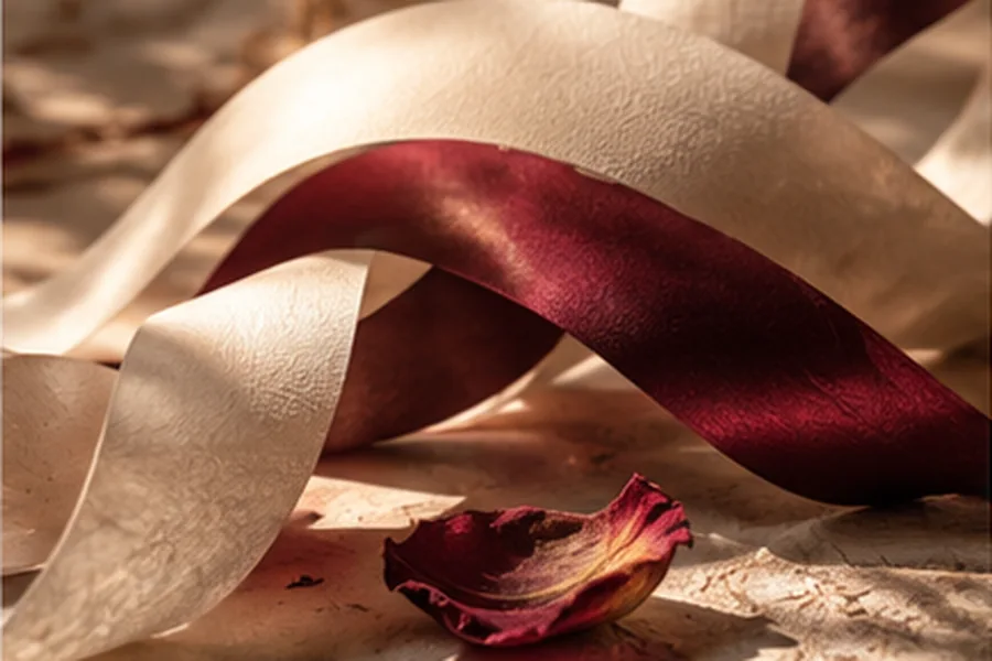 Burgundy ribbon intertwined with ivory paper